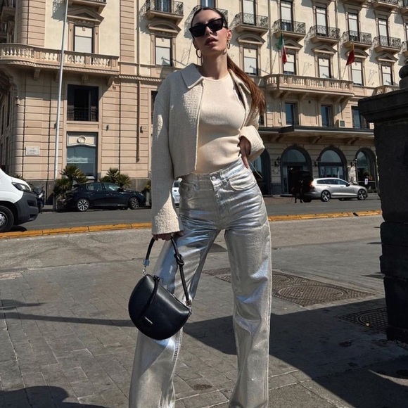 Zara TRF MID WAIST LOOSE FOIL LONG WIDE LEG JEANS SILVER/White NEW